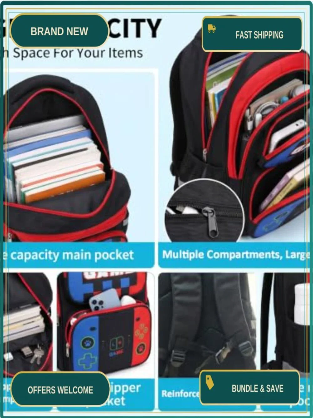 35L Gaming Backpack Set for Boys with Lunch Box Pencil Case, School Bookbag